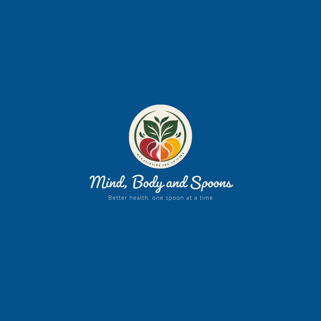 Rich blue background with circular logo encompassing vegetables and fruits, with the name Mind, Body and Spoons and the tagline "Better health, one spoon at a time."